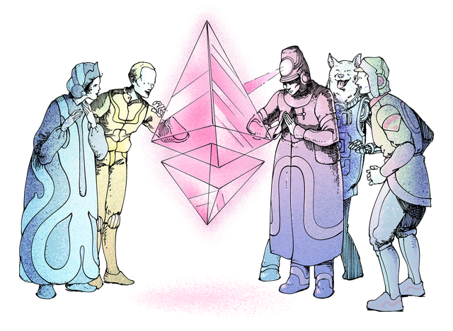 插圖：人群對以太幣 (ETH) 字形讚歎不已。